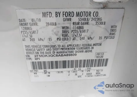 2010 Ford Edge Se from USA, damaged, VIN 2FMDK3GC8ABA89809